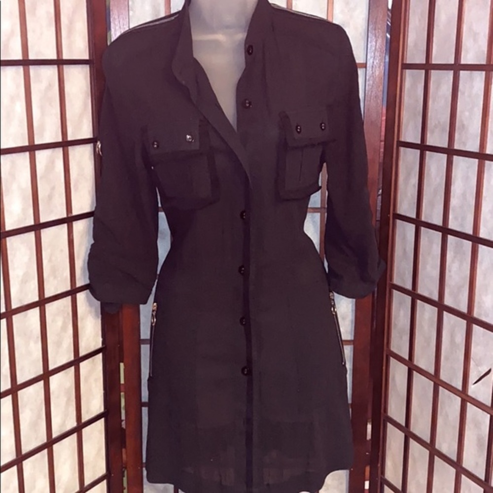 T Bleu Sheer Buttoned Down Figure Fitted Dress